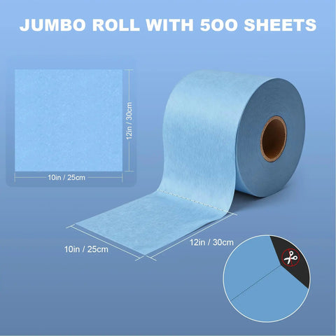 Workhorse Heavy Duty Industrial Wipes Blue 12 By 10 Inch Lint Free Cleanroom Cloths 500 Pack on a jumbo roll displaying size dimensions.