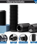 Internal Hex Flat Head Socket Set Screw Kit 400 Pieces 12 Size 12.9 Alloy Steel Black Grub Screws With 5 Hex Wrenches For Door Handles And Light Fixtures 1/8-40 To 5/16-18 showing various angles of screws highlighting durable material and design.