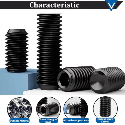 Internal Hex Flat Head Socket Set Screw Kit 400 Pieces 12 Size 12.9 Alloy Steel Black Grub Screws With 5 Hex Wrenches For Door Handles And Light Fixtures 1/8-40 To 5/16-18 showing various angles of screws highlighting durable material and design.