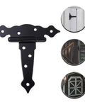 Heavy Duty Black Iron T Hinge For Barn Doors And Sliding Sheds Built Like A Tank shown from the front with mounting holes.