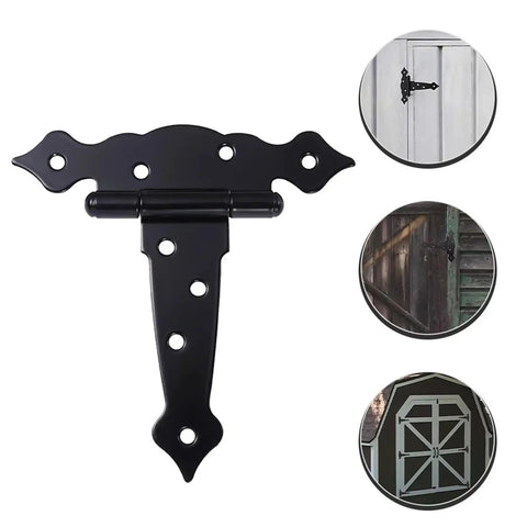 Heavy Duty Black Iron T Hinge For Barn Doors And Sliding Sheds Built Like A Tank shown from the front with mounting holes.
