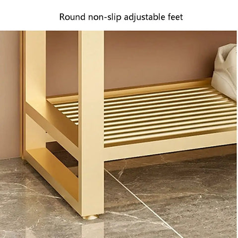 Close-up of round non-slip adjustable feet on the Straight Up Solid Four In One Coat Rack And Shoe Bench Storage Center.