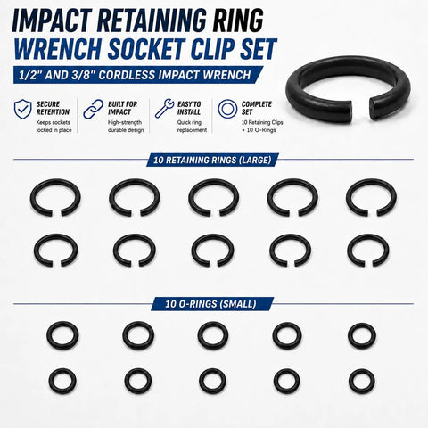 Heavy Duty Impact Retaining Ring Kit With O Rings And Installation Tool for 1/2 and 3/8 Inch, large and small rings displayed.