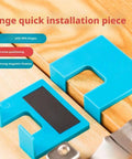 Drill Free Magnetic Hinge Mounting Guide For Quick Door Install And Drawer Latch Setup Adjustable Jig For Accurate Hinge Cutting Easy Home Woodworking Tool, shown in blue with magnetic surface on wooden background.