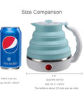 Size comparison of Foldable Travel Electric Kettle With Collapsible Food Grade Silicone 600ml Capacity Dual Voltage 110-220V US Plug Ultra Portable Blue Kettle For On The Go Coffee Tea Ramen And More next to a 330ml cola can.