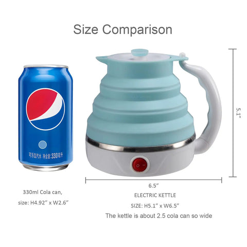 Size comparison of Foldable Travel Electric Kettle With Collapsible Food Grade Silicone 600ml Capacity Dual Voltage 110-220V US Plug Ultra Portable Blue Kettle For On The Go Coffee Tea Ramen And More next to a 330ml cola can.