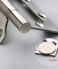 Close-up of Stainless Steel Flat Cabinet Door Hinge Set 2 Pieces Heavy Duty Silent Hinges with 2.1mm thickness for cabinets.