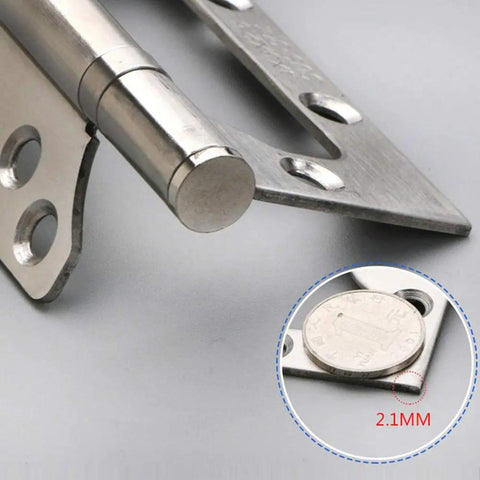 Close-up of Stainless Steel Flat Cabinet Door Hinge Set 2 Pieces Heavy Duty Silent Hinges with 2.1mm thickness for cabinets.