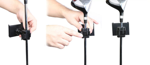 Hands setting up Golf Swing Recording Clip Mount For Phone, Easy Setup Training Aid That Stabilizes Your Phone To Capture Every Swing.