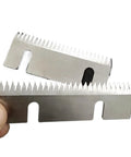 2 Pack Semi Auto Carton Sealing Knife Blade, Carbon Steel, Tape Sealer Parts For Packaging, 75X30X1.5, Beefy Wear Resistant Blade For Heavy Duty Box Sealing, shown in hand