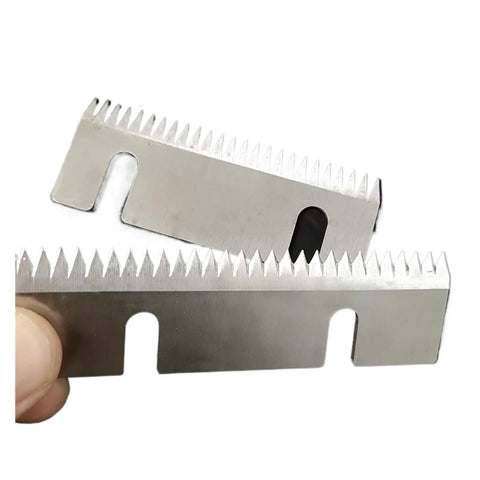 2 Pack Semi Auto Carton Sealing Knife Blade, Carbon Steel, Tape Sealer Parts For Packaging, 75X30X1.5, Beefy Wear Resistant Blade For Heavy Duty Box Sealing, shown in hand
