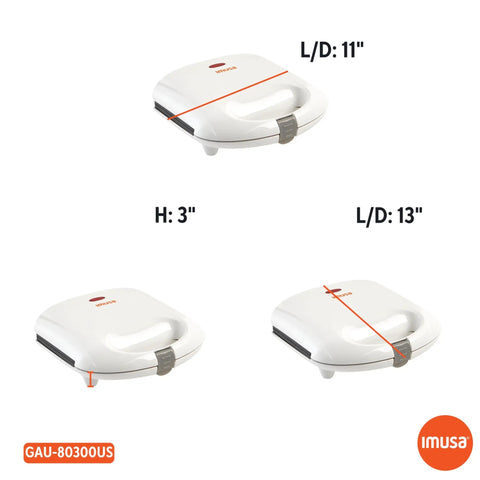 Imusa 4 Slot Electric Arepa Maker, 1200 Watt Nonstick Griddle, dimensions: L/D 11", H 3", L/D 13", white finish.