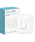 Smart Light Switch HS200P3 Single Pole With Neutral Wire 2.4GHz Wi-Fi Plug And Play Works With Alexa And Google Home No Hub Needed UL Certified White Pack Of 3 For Easy Remote Control, box and three switches shown
