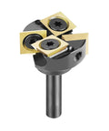 Knockout Heavy Duty Spoilboard Surfacing Router Bit With Carbide Inserts Ats Coating, showing replaceable blades and quarter inch shank.