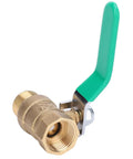 Top Shelf One Half Inch Premium Brass Ball Valve For Hot And Cold Water Piping Systems Built Damn Tough For Indoor Natural Gas And No Fuss DIY Home Upgrades Corrosion Resistant Quick Shut Off Design, green handle, side view.