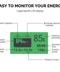 Rugged Battery Monitor With Shunt For 12V Rigs Up To 500A, LCD display showing 84Ah, 85%, voltage 13.2V, current 10.3A, and power 136W.
