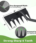 Close-up of Manual Weeder Tool with 6 Tines Garden Rake and Sharp Blade, pointing out pre-sharpened and pointed teeth.