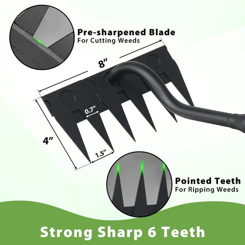 Close-up of Manual Weeder Tool with 6 Tines Garden Rake and Sharp Blade, pointing out pre-sharpened and pointed teeth.