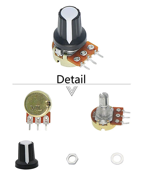 10K Ohm Knurled Shaft Linear Rotary Taper Potentiometer Kit With Knob Nuts Washer Set 20 Pieces, showing potentiometer, knob, nut, and washer details