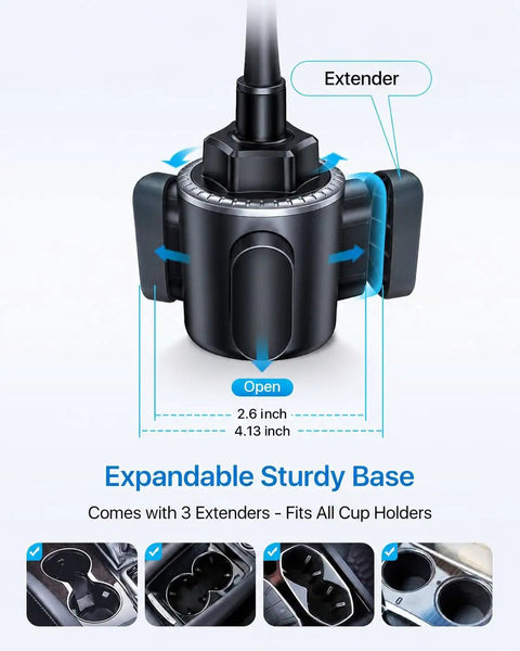 Expandable base of Built Tough Cup Holder Phone Mount with extenders, fits all cup holders for cars, trucks, golf carts.
