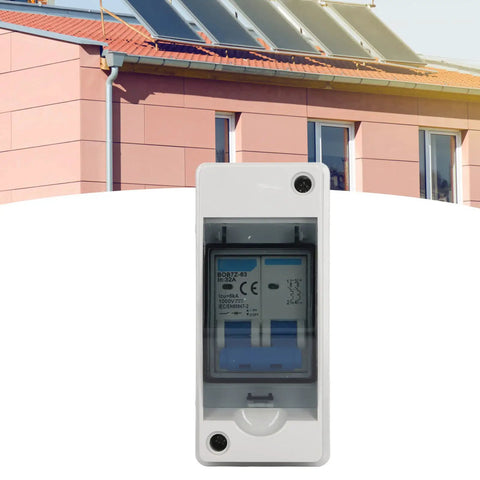Front view of PV DC Circuit Breaker 32A 6kA IP65 DC Isolator Switch For PV Solar Panel Grid Connected Systems Home And RV Use Pro Grade