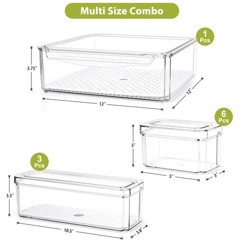 10 Pack Refrigerator Pantry Organizer Bins With Lids To Keep Your Snacks Chill And Food Stash Tidy, clear stackable bins in multiple sizes.