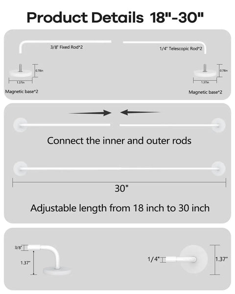 Magnetic Curtain Rod Set, 2 Pack For Metal Doors, Adjustable 18 To 30 Inch, Three Eighths Inch Diameter Magnetic Rods diagram