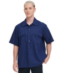 Men's Short Sleeve Work Shirt In Navy Blue Cotton Poly Blend Durable Button Front Uniform Features Double Chest Pockets Built Hella Tough.