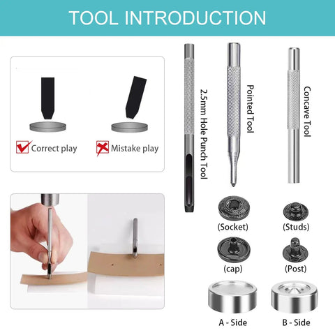 45 Piece Leather Snap Fasteners Kit 15mm Stainless Steel With 4 Install Tools In Silver Bronze Black All In One Kit instructions