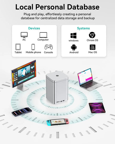 Local Personal Database storage hub surrounded by devices like PC, tablet, smartphone, and console for centralized data management.
