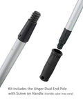 Heavy Duty 36 Inch Curved Floor Squeegee Kit With 48 Inch Dual End Extension Pole components showing screw-on handle and aluminum pole.