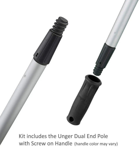 Heavy Duty 36 Inch Curved Floor Squeegee Kit With 48 Inch Dual End Extension Pole components showing screw-on handle and aluminum pole.