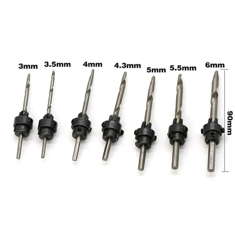 Precision Ground Seven Piece Countersink Drill Bit Set For Woodworking Pilot Holes Sized Three To Six Inside Heavy Duty Tub with various sizes shown.