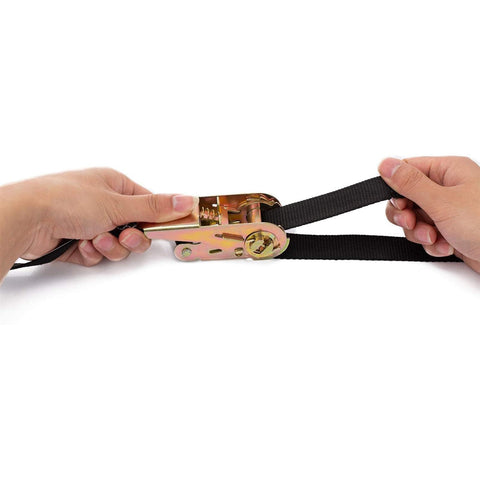 Hands using Endless Ratchet Straps No Hook Nylon Tie Downs for Motorcycles and Kayaks, black strap, gold ratchet mechanism.
