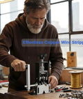 Man using Effortless Wire Stripping Machine Dual Drive Wire Stripper Tool Drill Powered And Hand Crank in a garage setting