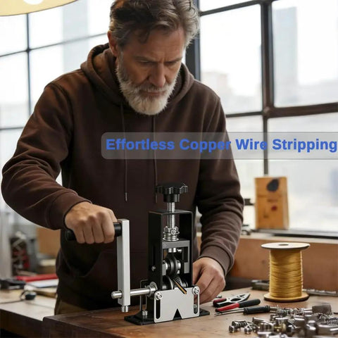 Man using Effortless Wire Stripping Machine Dual Drive Wire Stripper Tool Drill Powered And Hand Crank in a garage setting