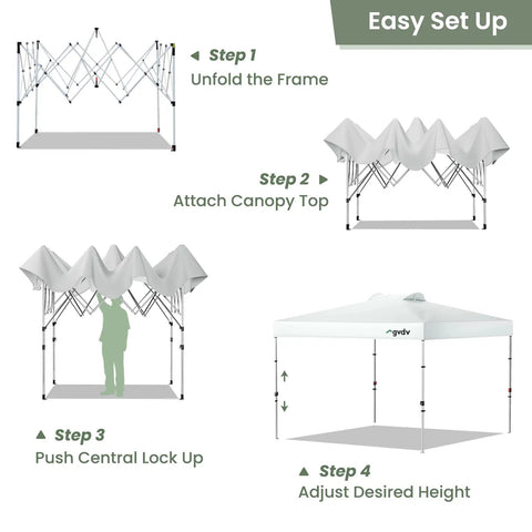 Steps to set up 10x10 Pop Up Canopy Tent With Pocket Sidewalls, One Push Setup, Easy Outdoor Sun Shade, White CP23.