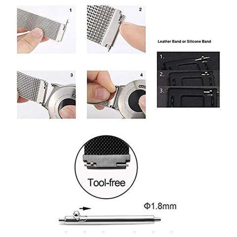 Quick Release Watch Spring Bar Pins 20 Piece Set with repair tool and installation guide, stainless steel, various sizes shown.