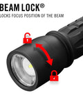 XP9R 1200 Lumen USB-C Rechargeable Dual Power LED Flashlight With Pure Beam Slide Focus, close-up of beam lock feature