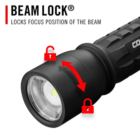 XP9R 1200 Lumen USB-C Rechargeable Dual Power LED Flashlight With Pure Beam Slide Focus, close-up of beam lock feature