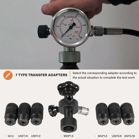 Hydraulic Nitrogen Accumulator Pressure Test Kit With 3 Gauges And 7 Adapters For 10 25 40 MPa And 1500 3600 6000 PSI Gas Charging Tools Pro Grade Multitool For Nitrogen Charging And Pressure Testing, showing a pressure gauge and adapters.