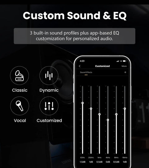 Desktop Speaker System With 2.75 Inch Full Range Drivers And Bluetooth 6.0 app interface showing sound profiles and EQ customization