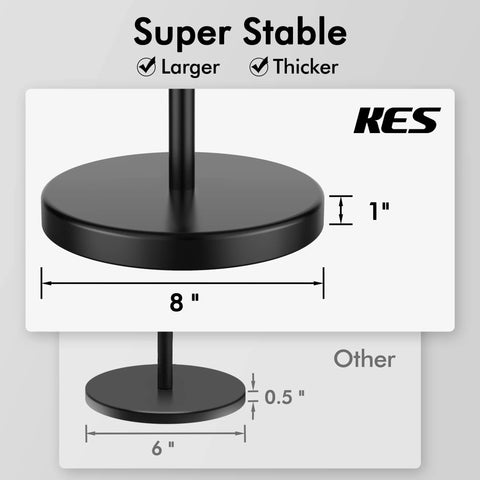 Comparison of base sizes for freestanding matte black toilet paper holder, featuring 8-inch wide, 1-inch thick heavy 3 lb base for stability.