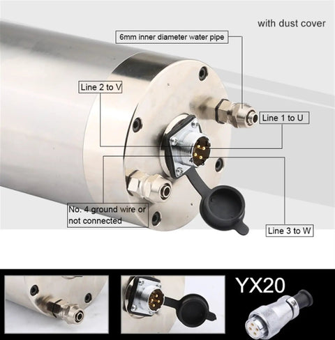 Close-up of 4KW Water Cooled Beefy High Torque Milling Spindle With ER25 Chuck And XY20 4 Hole Aerial Plug 100mm Diameter
