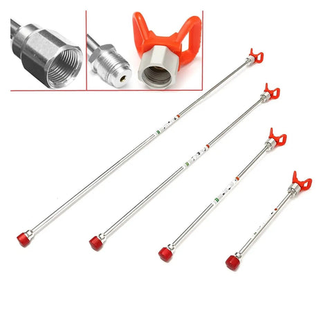 Universal Airless Paint Sprayer Extension Pole Featuring Slick Aluminum Build And Tight Seal Quick Change Handle Attachment For Smooth Finish Long Reach No Muss No Fuss Setup For Pro Crews And Weekend Warriors Ready To Rock And Get It Done Fast, showing quick change handle detail and four pole lengths.