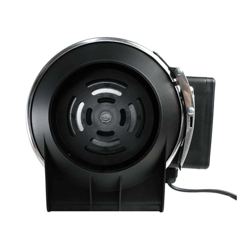 Front view of Three Inch Inline Booster Duct Fan With Speed Control, high flow ventilation, for kitchens and bathrooms, with metal clamps