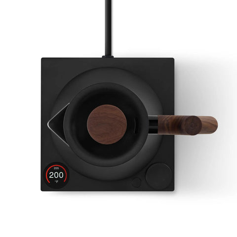 Top view of Corvo EKG Pro Electric Tea Kettle With Precise Temperature Control Quick Heat Scheduling And Built In Brew Timer Matte Black With Walnut Handle 0.9 Liter Capacity For Tea Coffee And Cooking