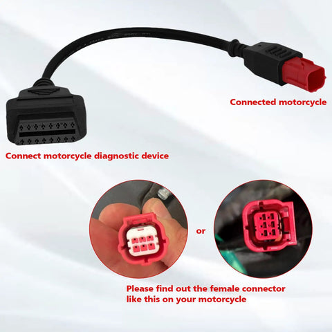 Ride Ready Motorcycle OBD2 Diagnostic Cable 6 Pin To 16 Pin Adapter for CAN Bus and K Line, showing connectors.