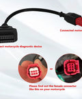 Ride Ready Motorcycle OBD2 Diagnostic Cable 6 Pin To 16 Pin Adapter For CAN Bus And K Line, shown with connection details