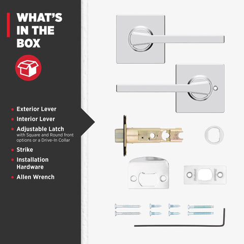What's in the box contents for Interior Passage Door Lever Handle For Closet And Hallway Doors Nonlocking Reversible Chrome Finish.